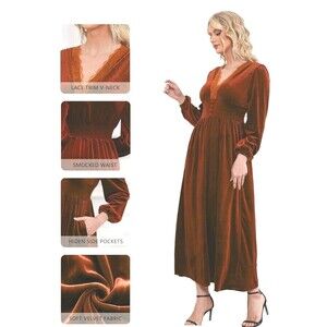 Women's Velvet Maxi Dress pockets Elegant V Neck Smocked Waist Formal,holiday